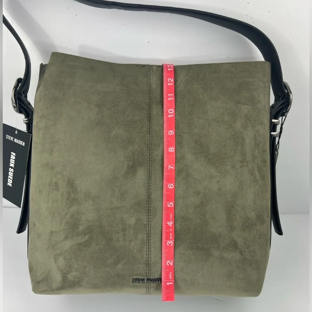 STEVE MADDEN FAUX SUEDE, BIMMY BUCKEY SHOULDER BAG, OLIVE COLOR BLACK STRAP